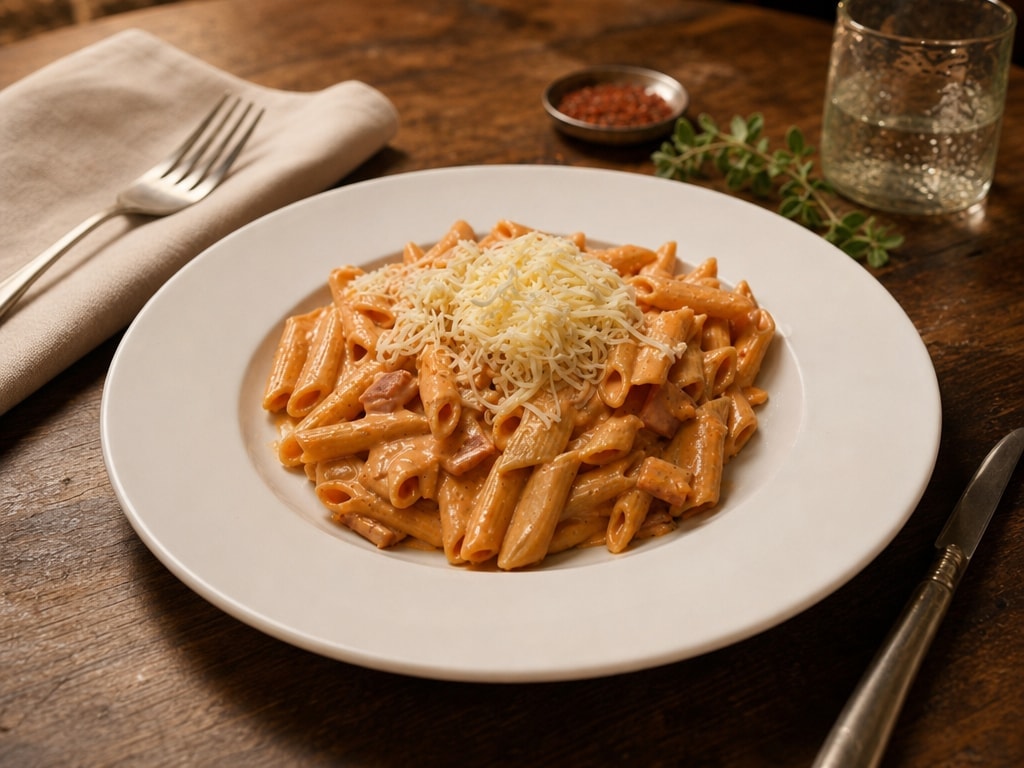 Penne met ham, tomaat en knoflook