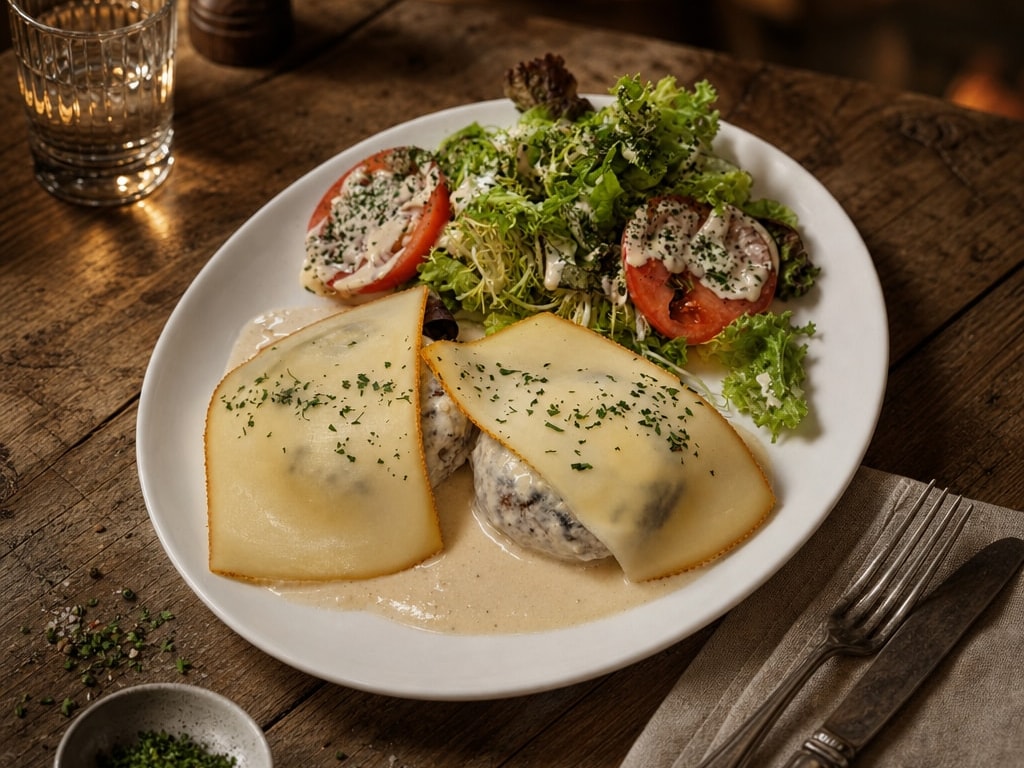Gehaktballen in kaas d'Orval-saus, friet, sla