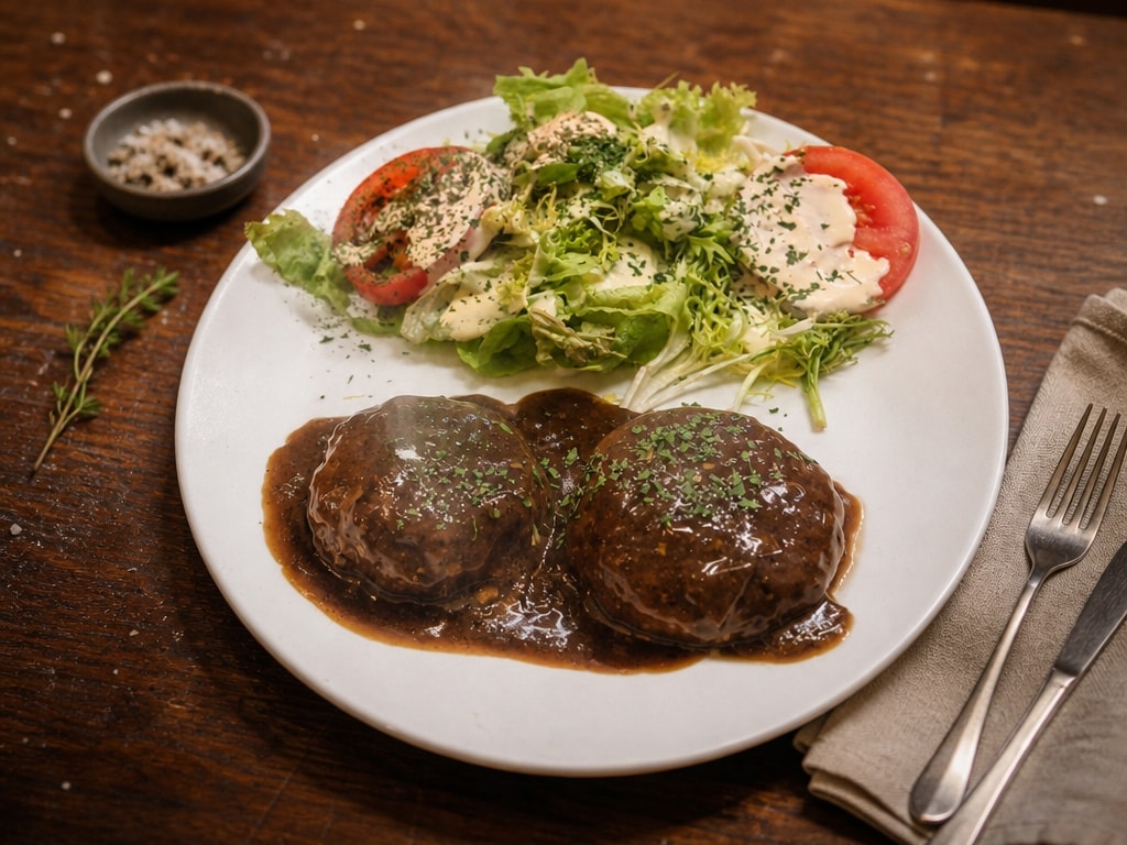 Gehaktballen in Orval-biersaus, friet, sla