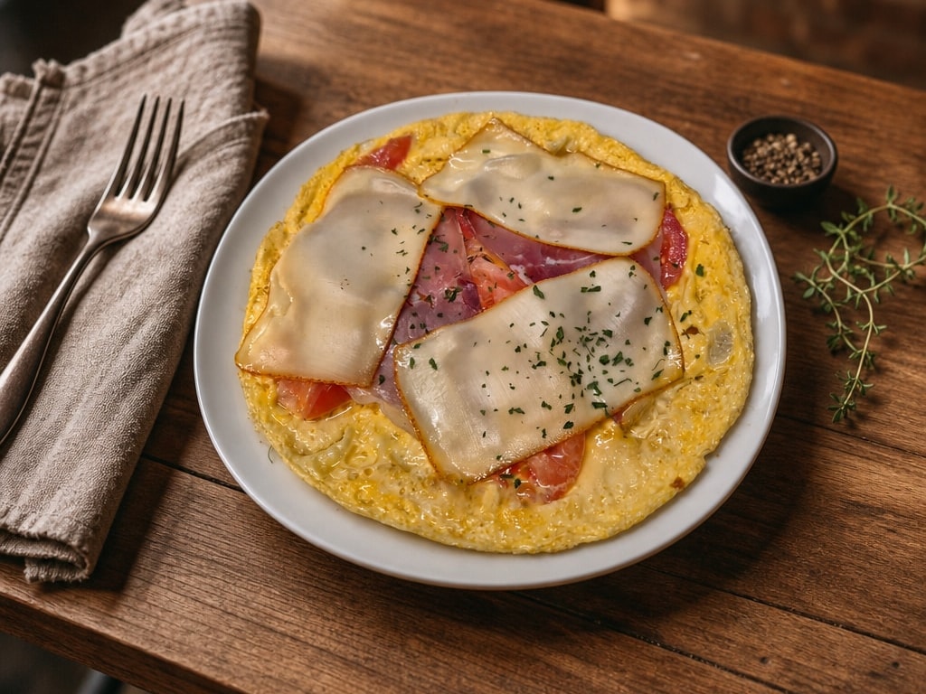 Omelet ham, kaas d'Orval, tomaten